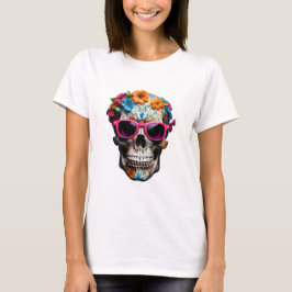 Roze Bloemen 3D Dode Schedel met zonnebril T-shirt