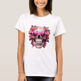 Roze Bloemen 3D Dode Schedel met zonnebril T-shirt