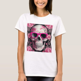 Roze Bloemen 3D Dode Schedel met zonnebril T-shirt