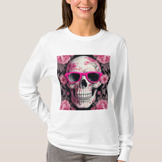 Roze Bloemen 3D Dode Schedel met zonnebril T-shirt (Voorkant)