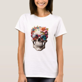 Roze Bloemen 3D Dode Schedel met zonnebril T-shirt