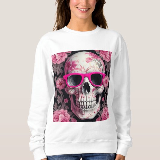 Roze Bloemen 3D Dode Schedel met zonnebril Trui (Voorkant)