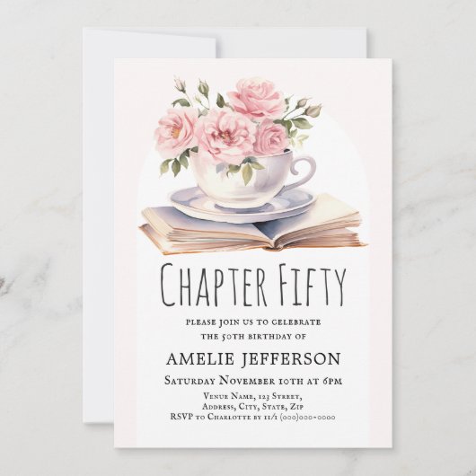 Roze Bloemen 50e Boek Thema Verjaardag Kaart (Voorkant)