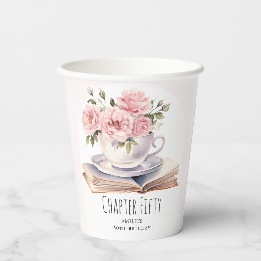 Roze Bloemen 50e Boek Thema Verjaardag Papieren Bekers (Achterkant)