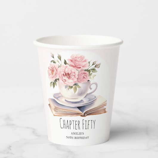 Roze Bloemen 50e Boek Thema Verjaardag Papieren Bekers (Voorkant)