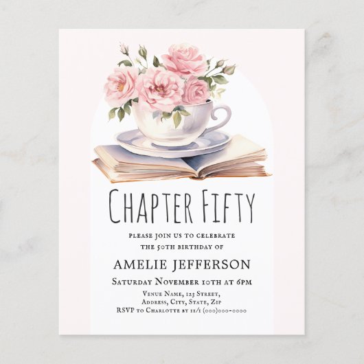 Roze Bloemen 50e Boek Thema Verjaardag Uitnodiging (Voorkant)