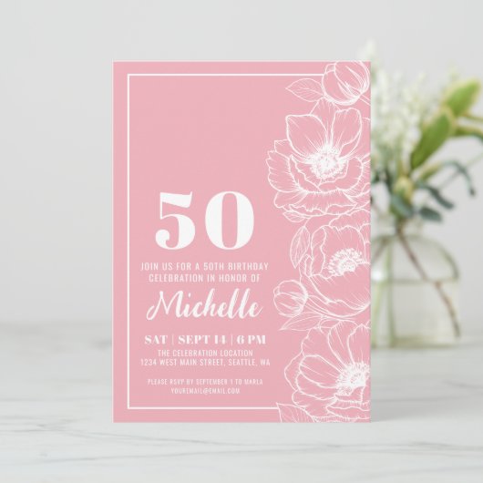 Roze Bloemen 50e Verjaardag Kaart (Staand voorkant)