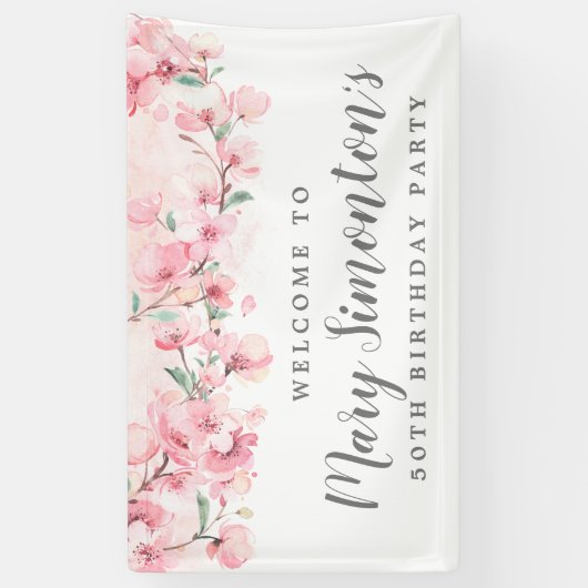 Roze Bloemen 50e Verjaardag Welkom Spandoek (Verticaal)