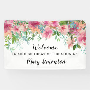 Roze Bloemen 50ste Verjaardagsfeestje Welkom Spandoek
