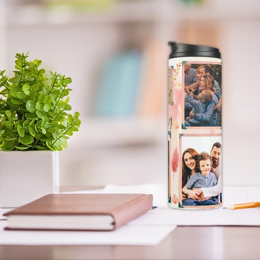 Roze Bloemen 5 foto's Collage & aangepaste tekst Thermosbeker