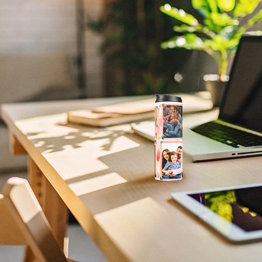 Roze Bloemen 5 foto's Collage & aangepaste tekst Thermosbeker