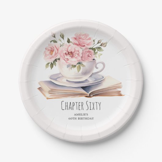 Roze Bloemen 60e Boek Thema Verjaardag Papieren Bordje (Voorkant)