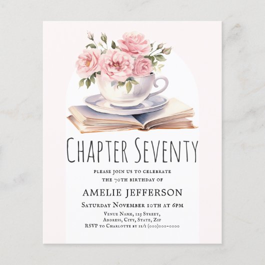 Roze Bloemen 70e Boek Thema Verjaardag Uitnodiging (Voorkant)