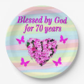 ROZE BLOEMEN 70E VERJAARDAG PAPIER BORDEN PAPIEREN BORDJE (Voorkant)