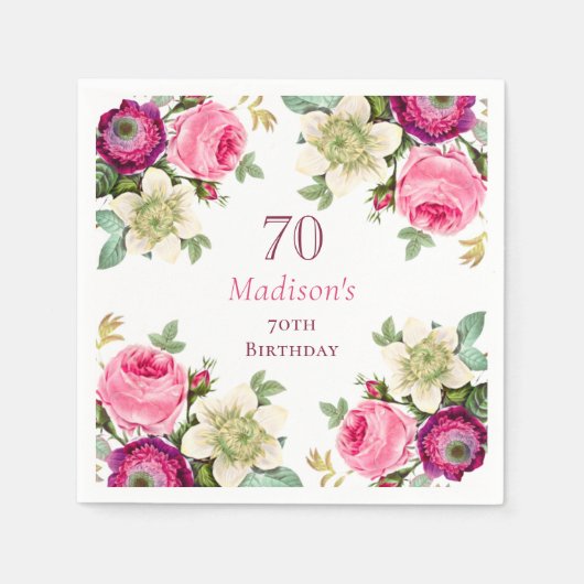 Roze Bloemen 70ste verjaardag Servet (Voorkant)