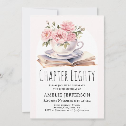 Roze Bloemen 80e Boek Thema Verjaardag Kaart (Voorkant)