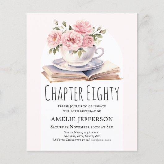 Roze Bloemen 80e Boek Thema Verjaardag Uitnodiging (Voorkant)