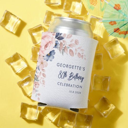 Roze Bloemen 80e Verjaardag Party Script Blikjeskoeler (Insitu Zomer)