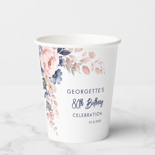 Roze Bloemen 80e Verjaardag Party Script Papieren Bekers (Achterkant)