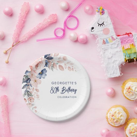 Roze Bloemen 80e Verjaardag Party Script Papieren Bordje (Feest)