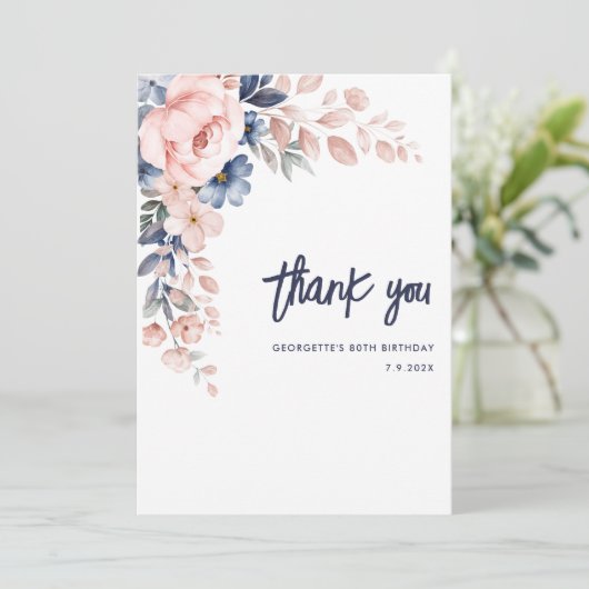 Roze Bloemen 80e Verjaardag Waterverf Bedankkaart (Staand voorkant)
