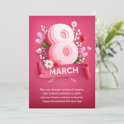 Roze Bloemen 8 maart Internationale Vrouwendag Feestdagenkaart (Staand voorkant)