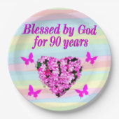  ROZE BLOEMEN 90E VERJAARDAG PAPIER BORDEN PAPIEREN BORDJE (Voorkant)