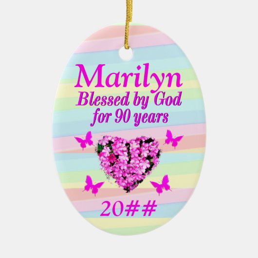 ROZE BLOEMEN 90E VERJAARDAG ZEGENINGEN ORNAMENT (Voorkant)