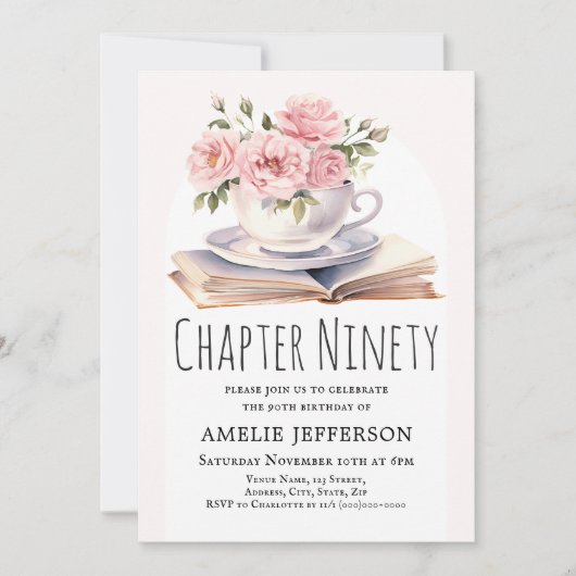 Roze Bloemen 90ste Boek Thema Verjaardag Kaart (Voorkant)