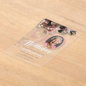 Roze Bloemen Aangepaste Foto 90ste Verjaardag Acryl Uitnodigingen