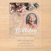 Roze Bloemen Aangepaste Foto 90ste Verjaardag Acryl Uitnodigingen