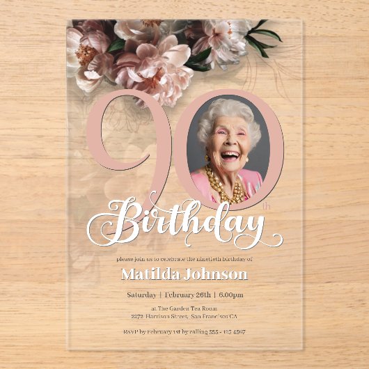 Roze Bloemen Aangepaste Foto 90ste Verjaardag Acryl Uitnodigingen (Voorkant)