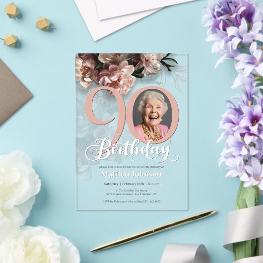 Roze Bloemen Aangepaste Foto 90ste Verjaardag Acryl Uitnodigingen (Insitu (Huwelijk))