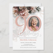 Roze Bloemen Aangepaste Foto 90ste Verjaardagsfees Kaart (Voorkant)