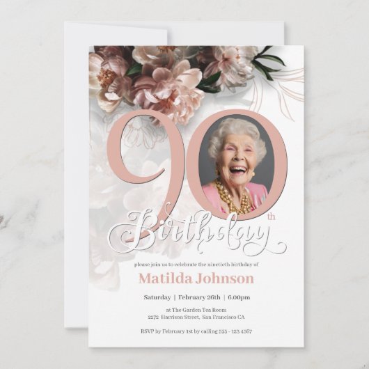 Roze Bloemen Aangepaste Foto 90ste Verjaardagsfees Kaart (Voorkant)