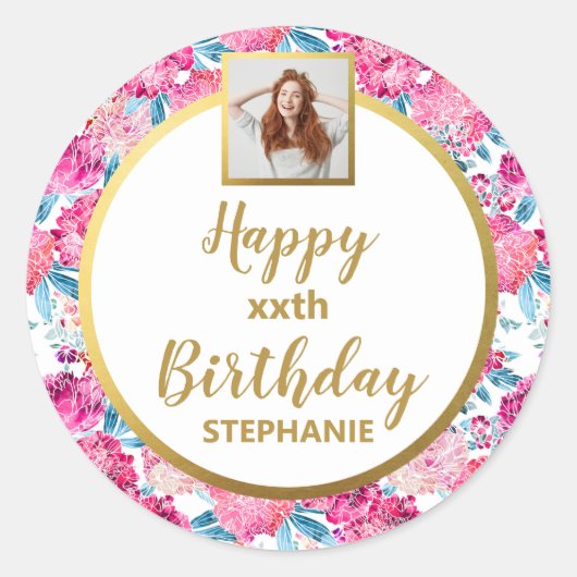 Roze Bloemen, Aangepaste Foto, Gelukkig Verjaardag Ronde Sticker (Voorkant)