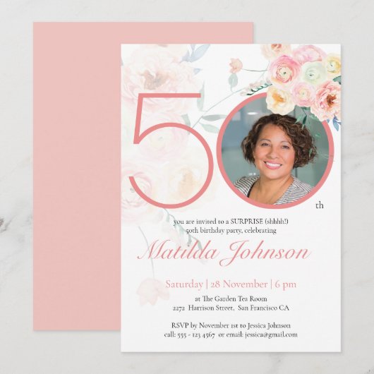 Roze Bloemen Aangepaste Foto Verrassing 50ste Verj Kaart (Voorkant / Achterkant)