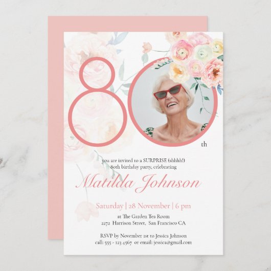 Roze Bloemen Aangepaste foto Verrassing 80e Verjaa Kaart (Voorkant / Achterkant)