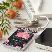 Roze bloemen Aangepaste Memorial Keepslag Sleutelhanger (Voorkant Rechts)