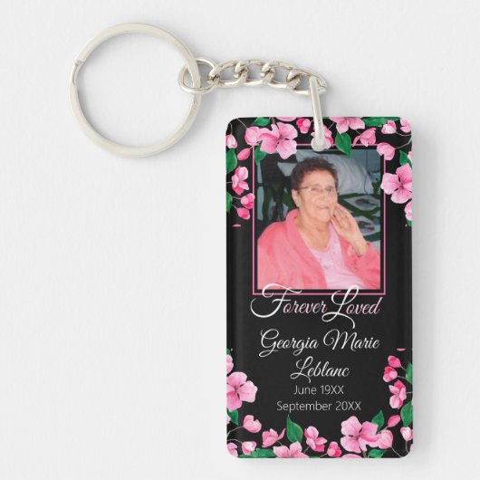 Roze bloemen Aangepaste Memorial Keepslag Sleutelhanger (Voorkant)