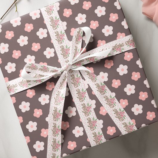 Roze Bloemen Aangepaste Naam Satijnen Lint