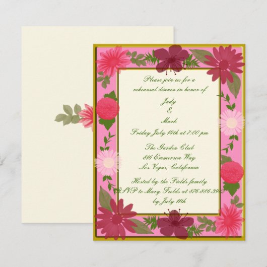 Roze Bloemen Aangepaste repetitie diner uitnodigin Kaart (Voorkant / Achterkant)