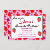 Roze Bloemen Aardbei 1e Verjaardagsfeest Kaart (Voorkant / Achterkant)