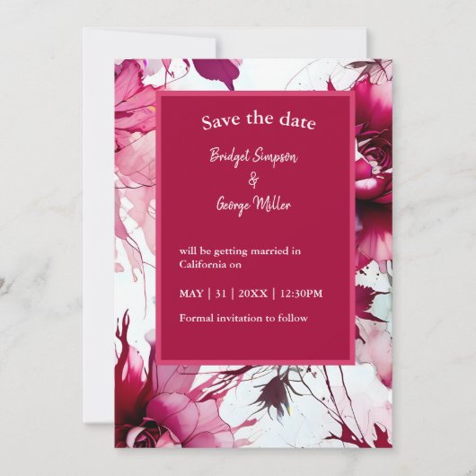 Roze Bloemen abstract Bruiloft Veilig De Datum Kaa (Voorkant)