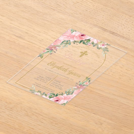 Roze bloemen acryl doop Spaanse uitnodiging (Laagn)