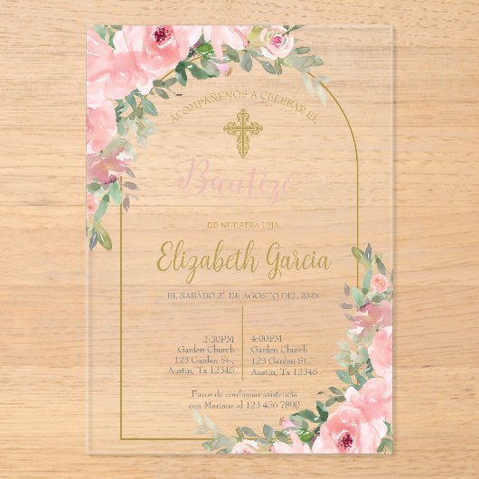 Roze bloemen acryl doop Spaanse uitnodiging (Voorkant)