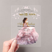 Roze Bloemen Acryl Quinceañera Spaanse uitnodiging (Insitu (Draagbaar))