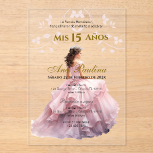 Roze Bloemen Acryl Quinceañera Spaanse uitnodiging