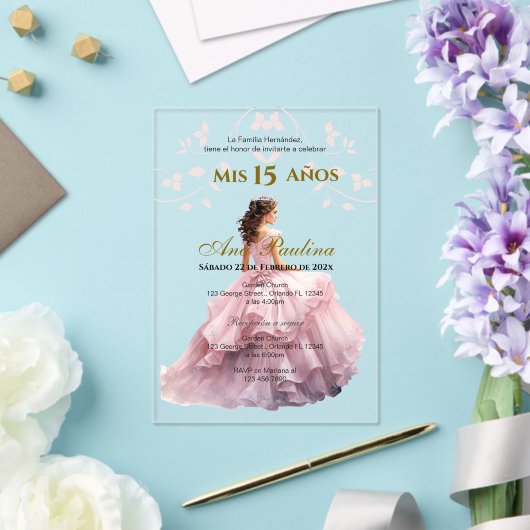Roze Bloemen Acryl Quinceañera Spaanse uitnodiging (Insitu (Huwelijk))