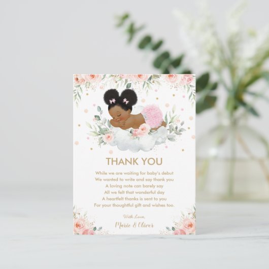 Roze Bloemen Afrikaans Amerikaans Baby shower Verj Briefkaart (Staand voorkant)